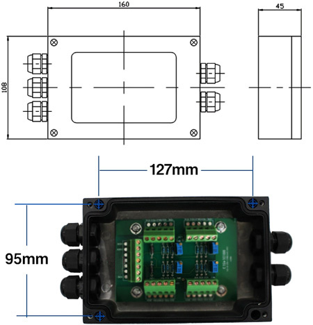 Load cell junction box with 4 inlets to 1 outlet dimension